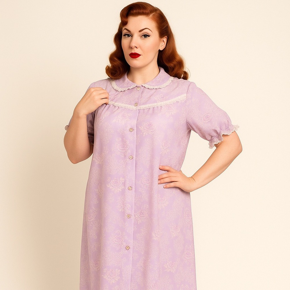 Vintage Glen of Michigan Lilac Floral Nylon Lace Housecoat Robe‎ Duster Dress 18